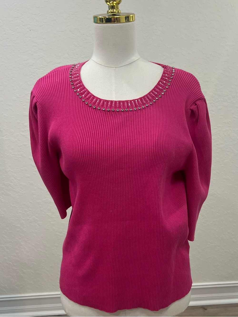 Nanette Lepore Hot Pink Ribbed Sweater with Jeweled Scoop Neck